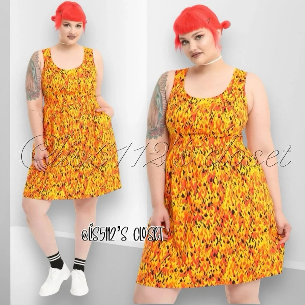 Folter x Hot Topic Flame Print Rockabilly Retro Fit & Flare Skater Dress 2X - Picture 3 of 15